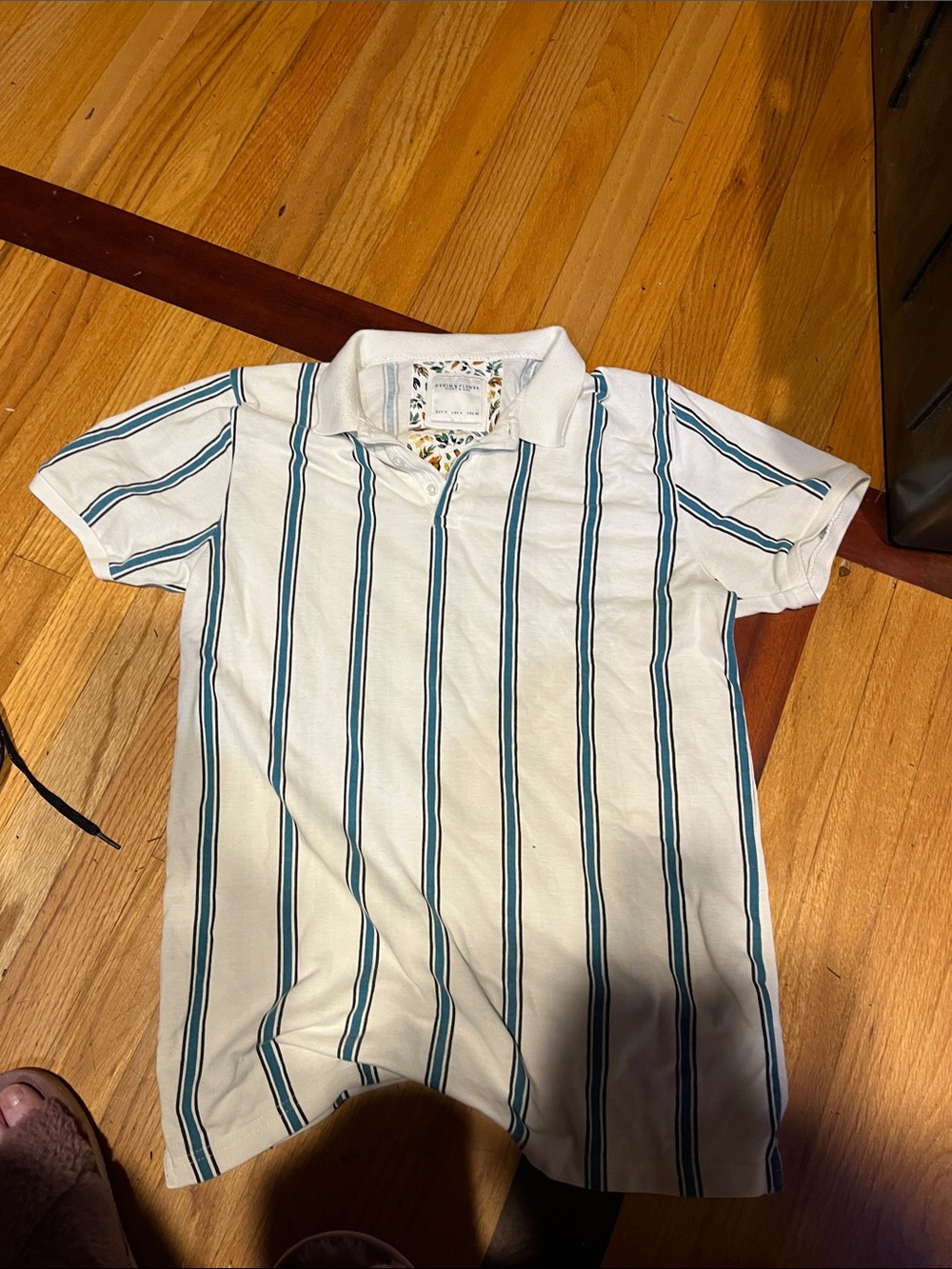 White Short-Sleeve Polo with Teal and Navy Stripes